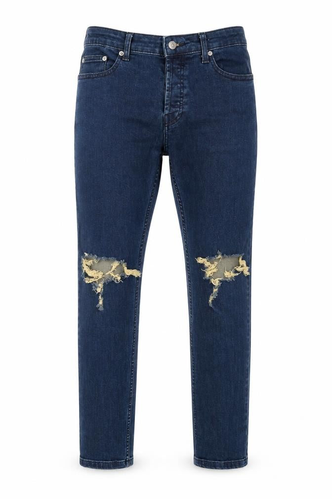Front view of Topman Men's Blue Stretch Skinny Jeans 32R Distressed Denim