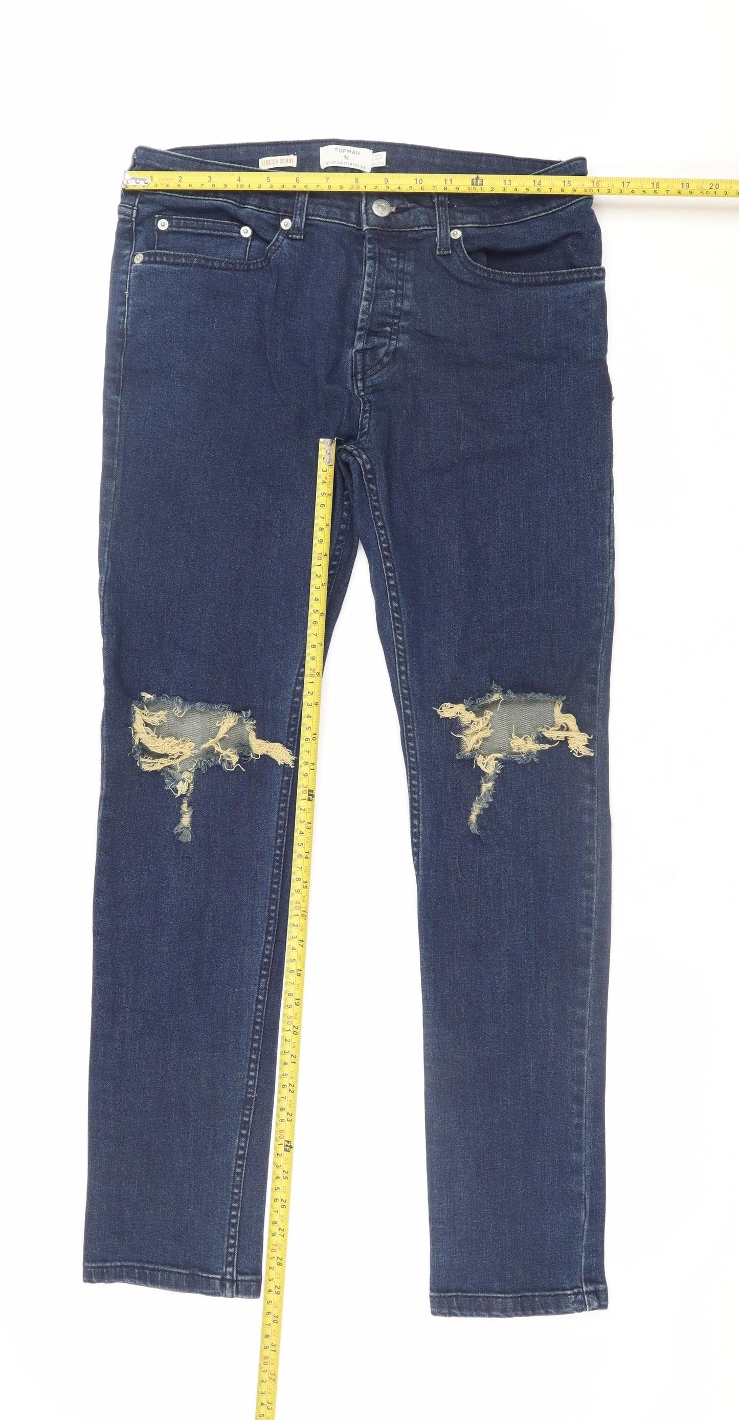 Topman Men's Blue Stretch Skinny Jeans 32R Distressed Denim