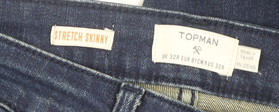 Topman Men's Blue Stretch Skinny Jeans 32R Distressed Denim