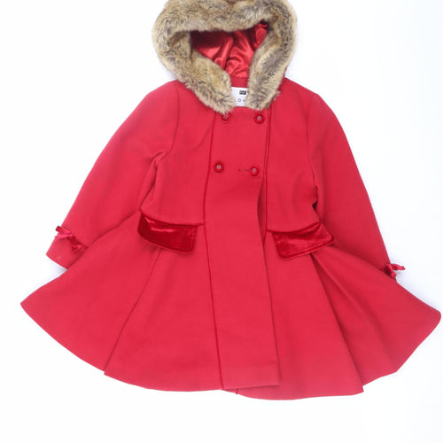 F&F Girls Red Faux Fur Trim Double-Breasted Hooded Pea Coat 6-7 Years