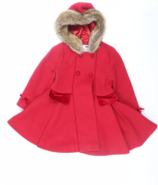 F&F Girls Red Faux Fur Trim Double-Breasted Hooded Pea Coat 6-7 Years