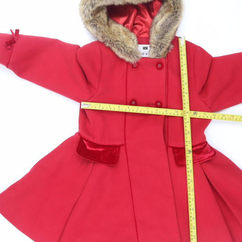 F&F Girls Red Faux Fur Trim Double-Breasted Hooded Pea Coat 6-7 Years