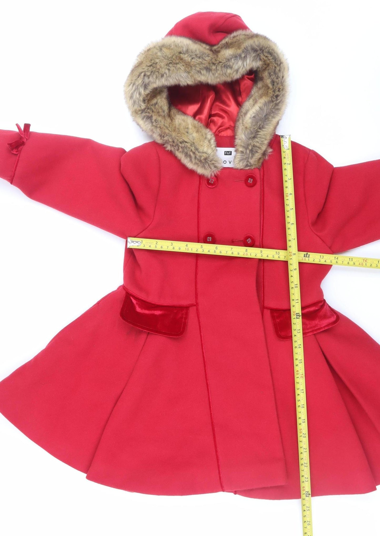 F&F Girls Red Faux Fur Trim Double-Breasted Hooded Pea Coat 6-7 Years