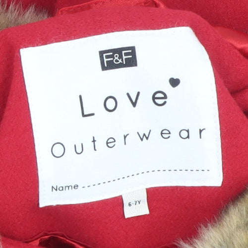 F&F Girls Red Faux Fur Trim Double-Breasted Hooded Pea Coat 6-7 Years