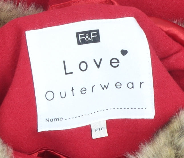 F&F Girls Red Faux Fur Trim Double-Breasted Hooded Pea Coat 6-7 Years