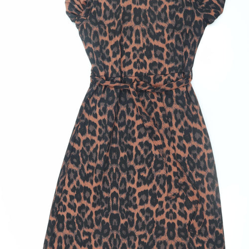 Peacocks Women's Brown Leopard Print A-Line Belted Dress Size 10