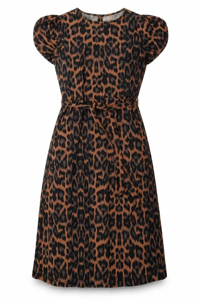 Front view of Peacocks Women's Brown Leopard Print A-Line Belted Dress, size 10