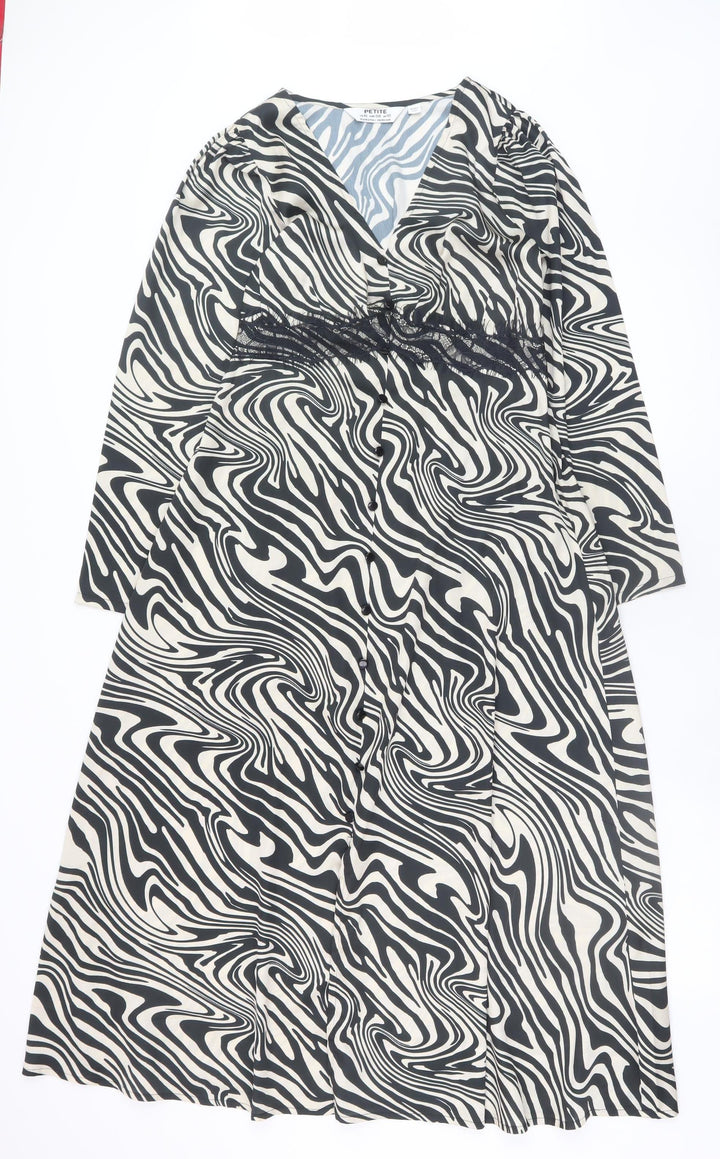 Dorothy Perkins Petite Black Beige Midi Wrap Dress UK 10