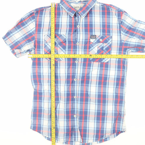 Diesel Jeans Men's Blue Check Short Sleeve Cotton Button-Up Shirt Size M