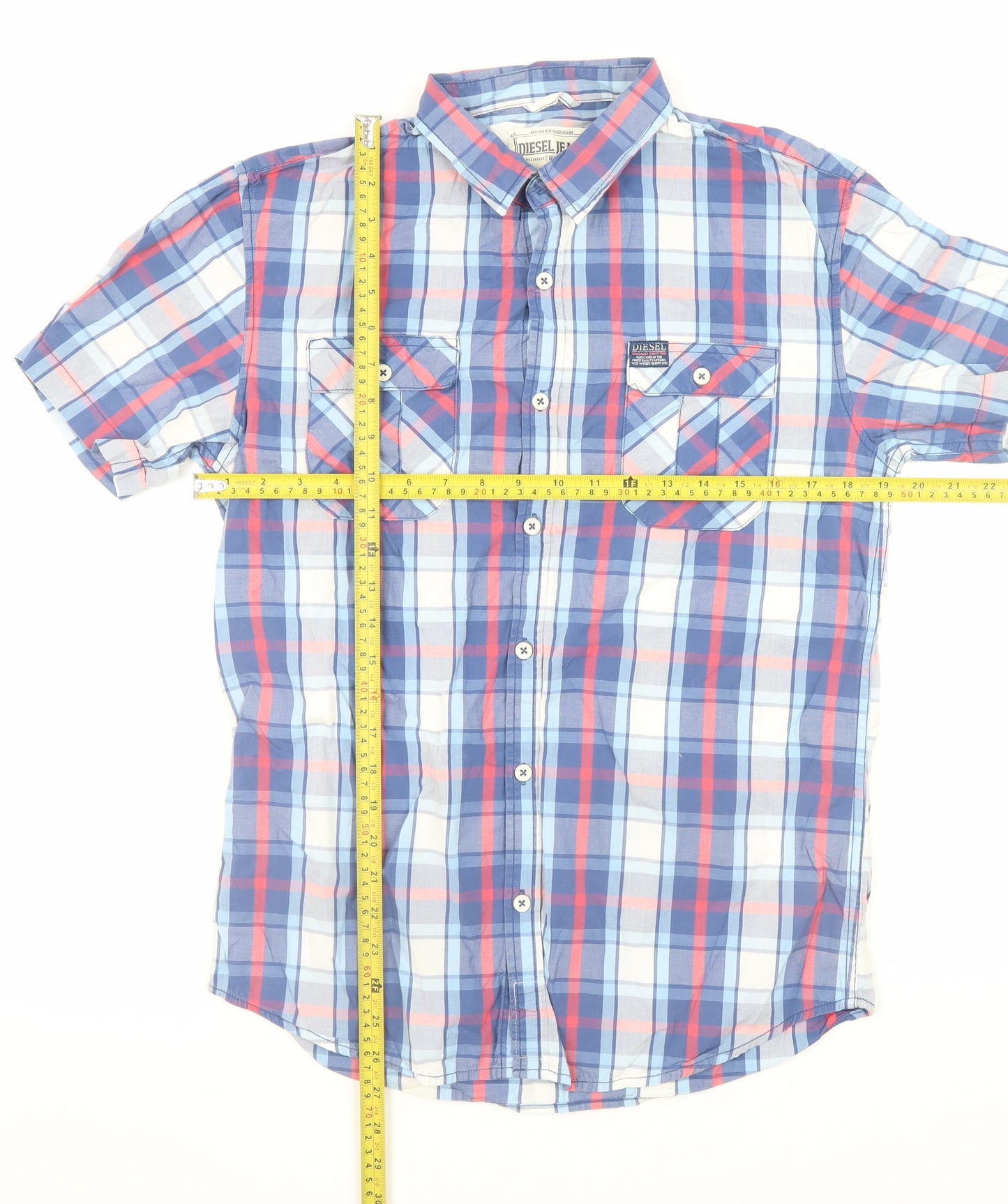 Diesel Jeans Men's Blue Check Short Sleeve Cotton Button-Up Shirt Size M