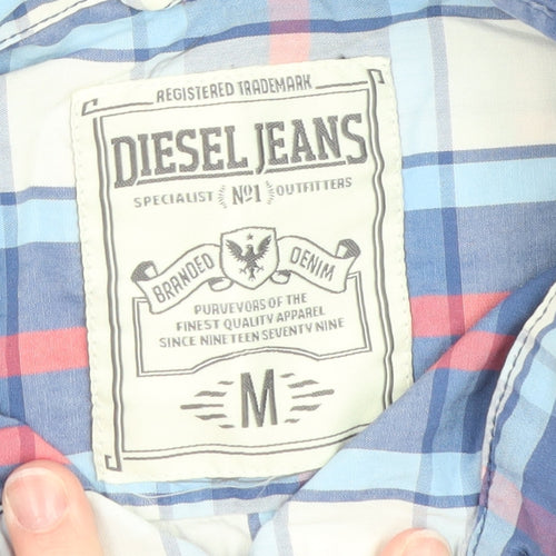 Diesel Jeans Men's Blue Check Short Sleeve Cotton Button-Up Shirt Size M