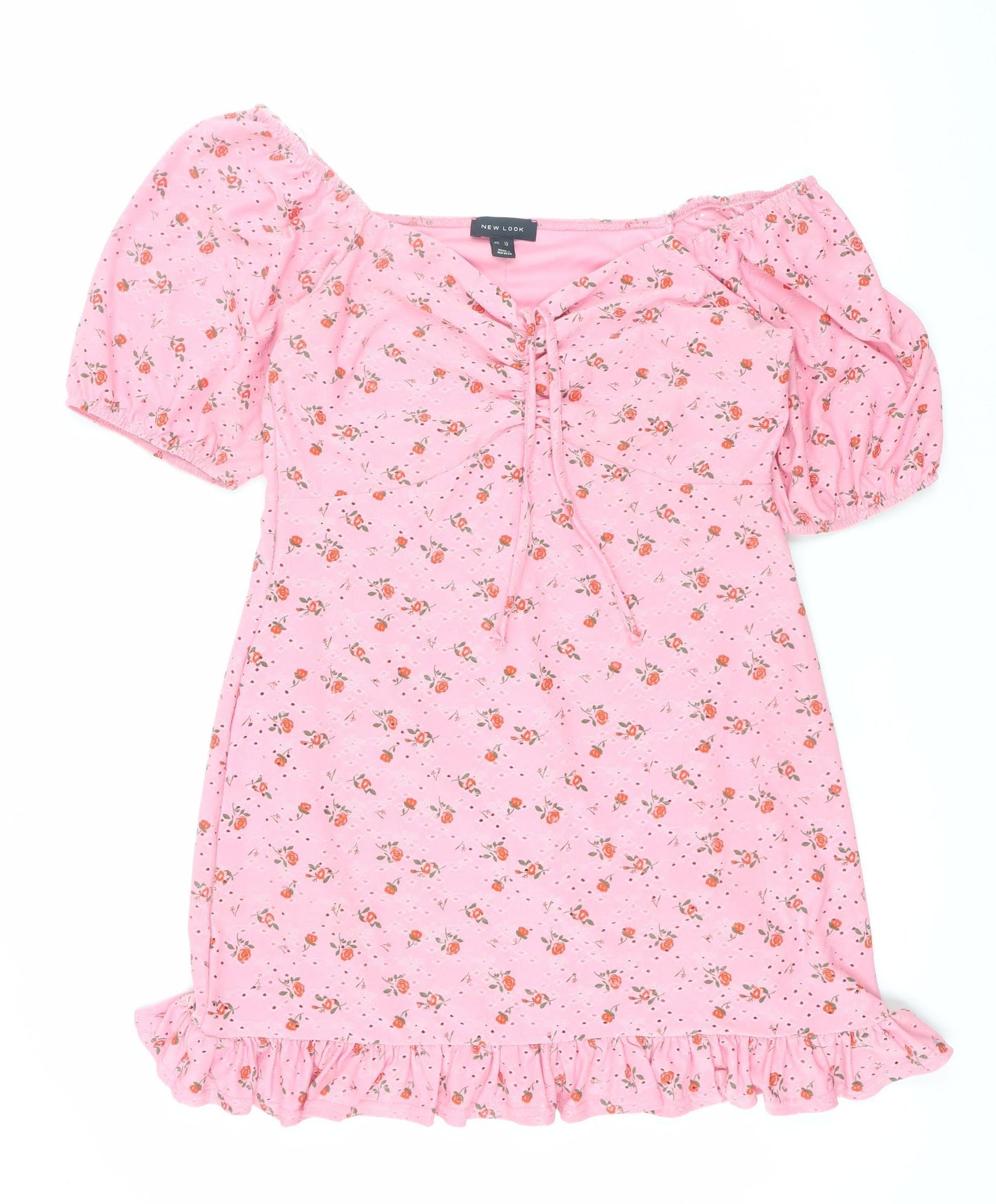 New Look Women Pink Floral Bodycon Short Dress Size 14 Puff Sleeve