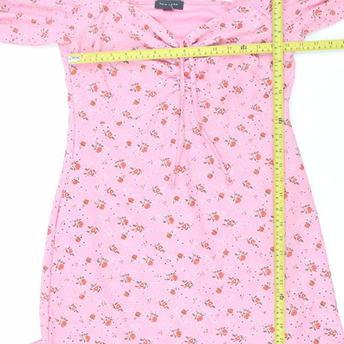 New Look Women Pink Floral Bodycon Short Dress Size 14 Puff Sleeve