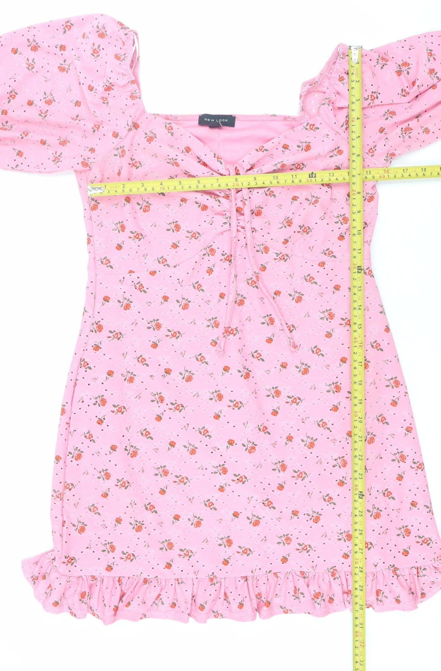 New Look Women Pink Floral Bodycon Short Dress Size 14 Puff Sleeve