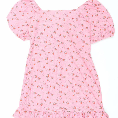 New Look Women Pink Floral Bodycon Short Dress Size 14 Puff Sleeve