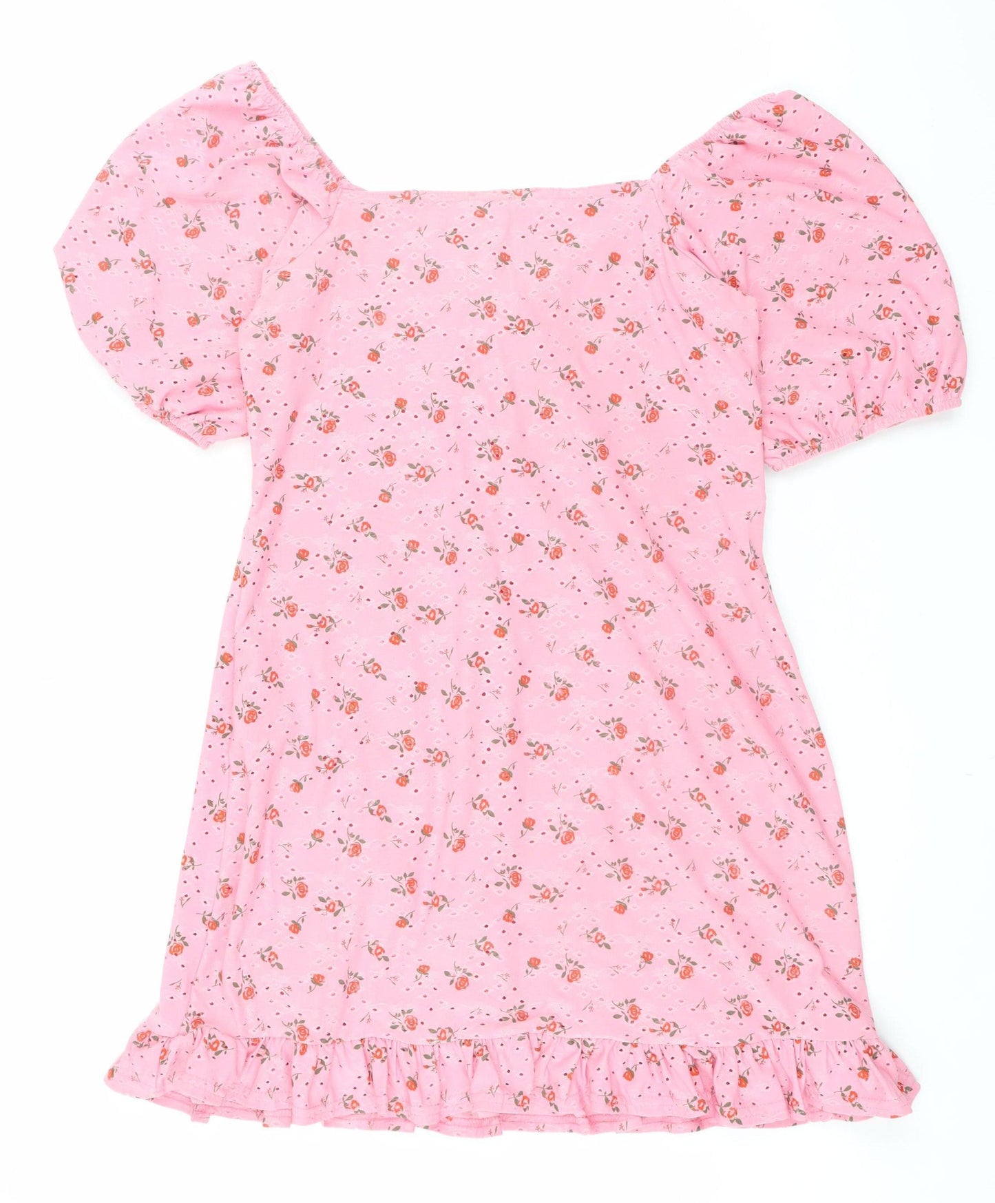 New Look Women Pink Floral Bodycon Short Dress Size 14 Puff Sleeve