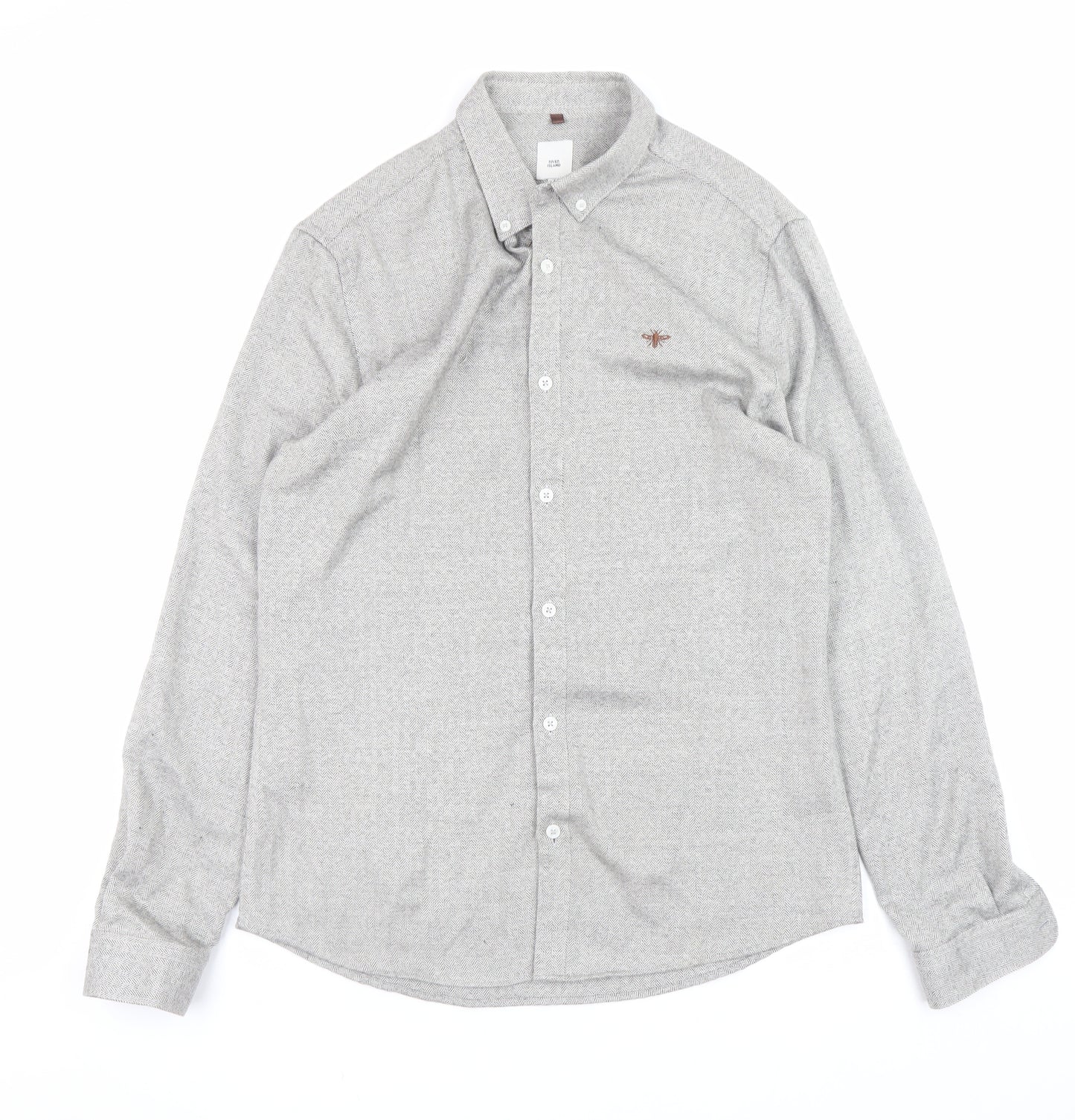 River Island Mens Grey Herringbone Button-Down Long Sleeve Shirt M