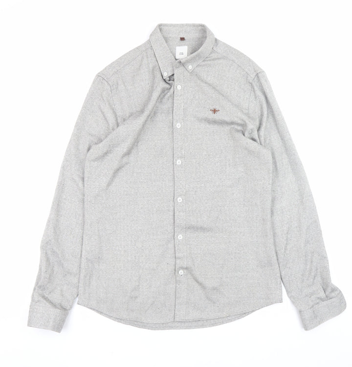 River Island Mens Grey Herringbone Button-Down Long Sleeve Shirt M