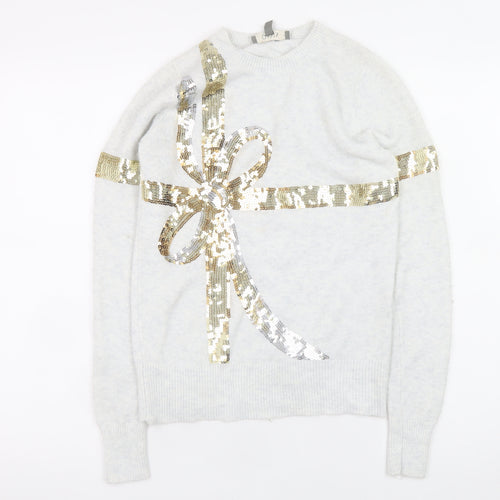 Oasis Women Ivory Sequin Bow Jumper XS Winter Pullover