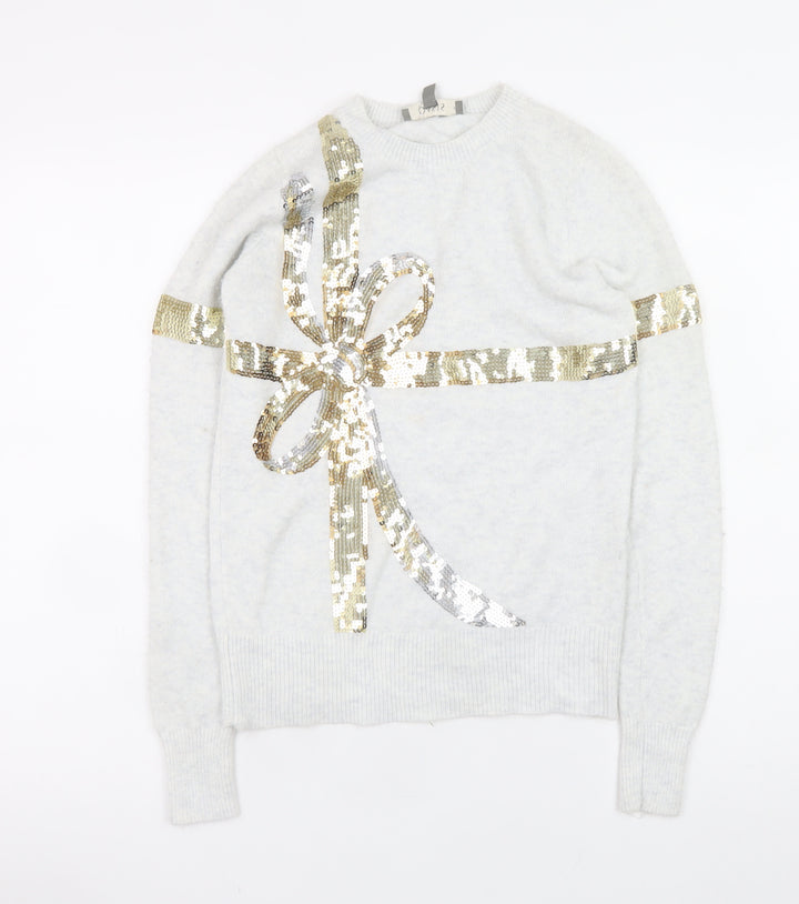 Oasis Women Ivory Sequin Bow Jumper XS Winter Pullover