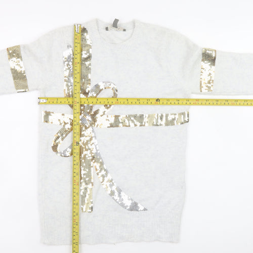 Oasis Women Ivory Sequin Bow Jumper XS Winter Pullover
