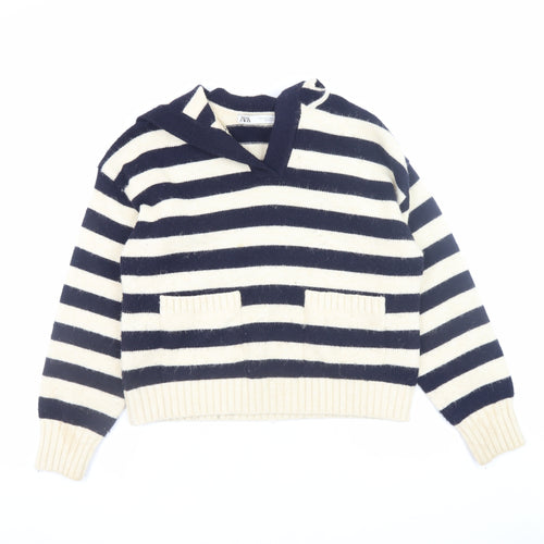 Zara Women’s Navy & Cream Striped V-Neck Jumper Size S Wool Blend