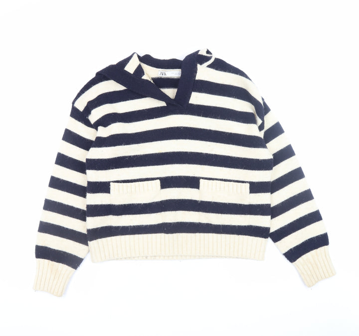 Zara Women’s Navy & Cream Striped V-Neck Jumper Size S Wool Blend