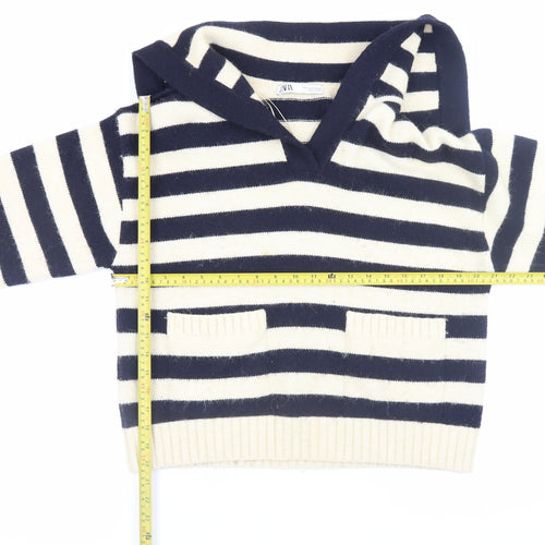 Zara Women’s Navy & Cream Striped V-Neck Jumper Size S Wool Blend