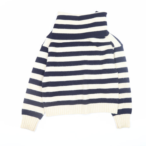 Zara Women’s Navy & Cream Striped V-Neck Jumper Size S Wool Blend