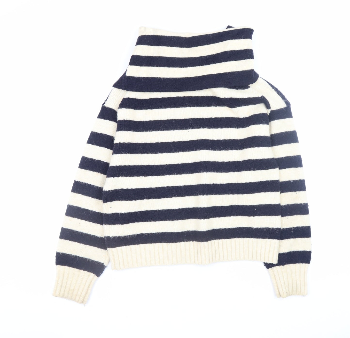 Zara Women’s Navy & Cream Striped V-Neck Jumper Size S Wool Blend