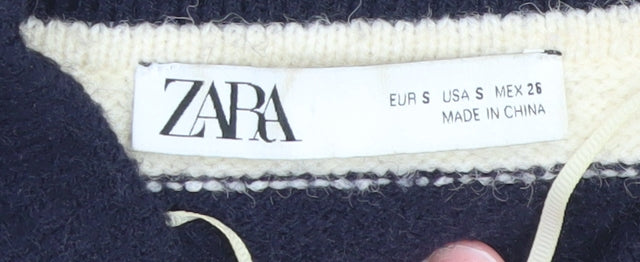 Zara Women’s Navy & Cream Striped V-Neck Jumper Size S Wool Blend