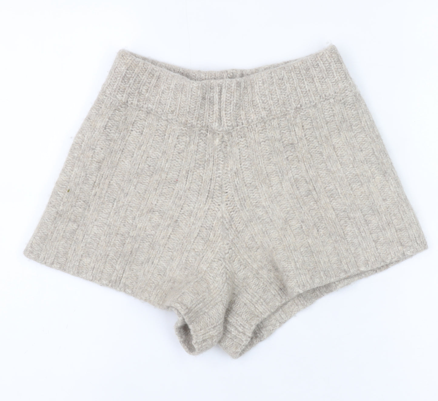 Zara Women Beige Wool Blend Rib Knit High Rise Hot Pants XS