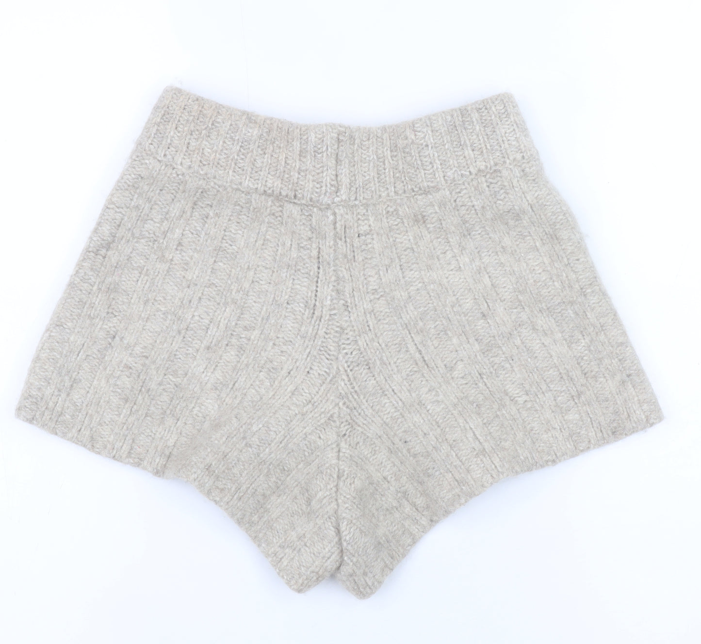 Zara Women Beige Wool Blend Rib Knit High Rise Hot Pants XS