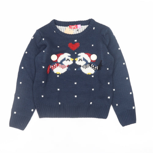 Lily & Dan Girls Navy 5-6 Years Christmas Penguin Jumper