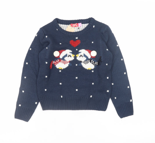 Lily & Dan Girls Navy 5-6 Years Christmas Penguin Jumper