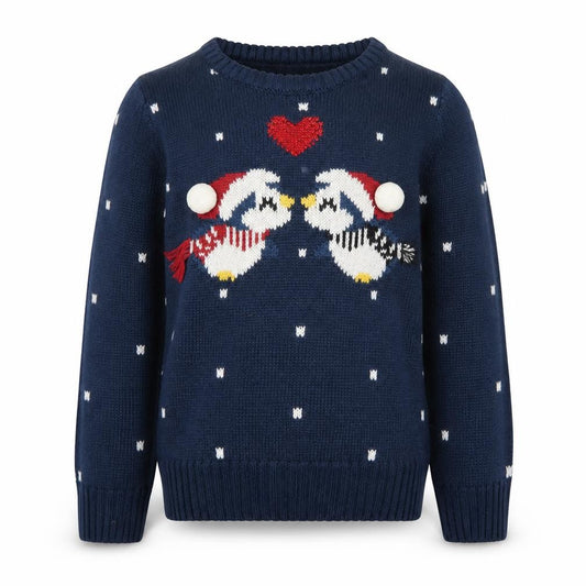 Front view of Lily & Dan girls’ navy 5-6 years christmas penguin jumper