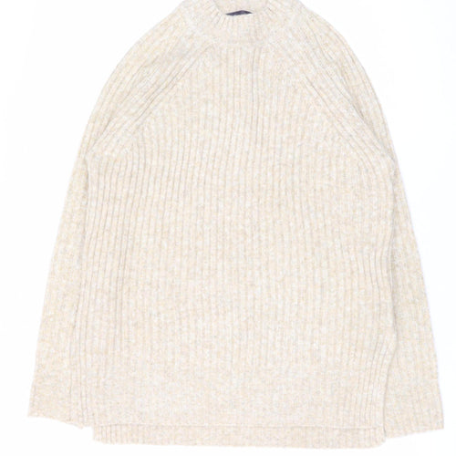 Marks and Spencer Women Beige Wool Blend Ribbed Mock Neck Jumper S