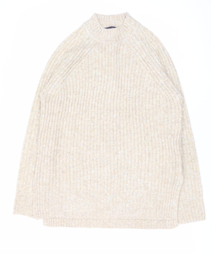 Marks and Spencer Women Beige Wool Blend Ribbed Mock Neck Jumper S
