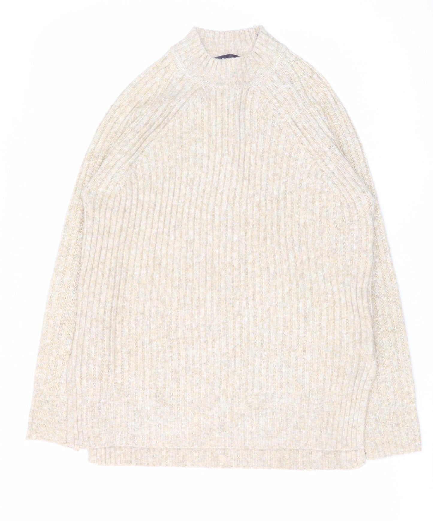 Marks and Spencer Women Beige Wool Blend Ribbed Mock Neck Jumper S