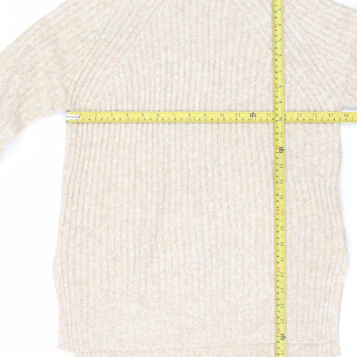 Marks and Spencer Women Beige Wool Blend Ribbed Mock Neck Jumper S