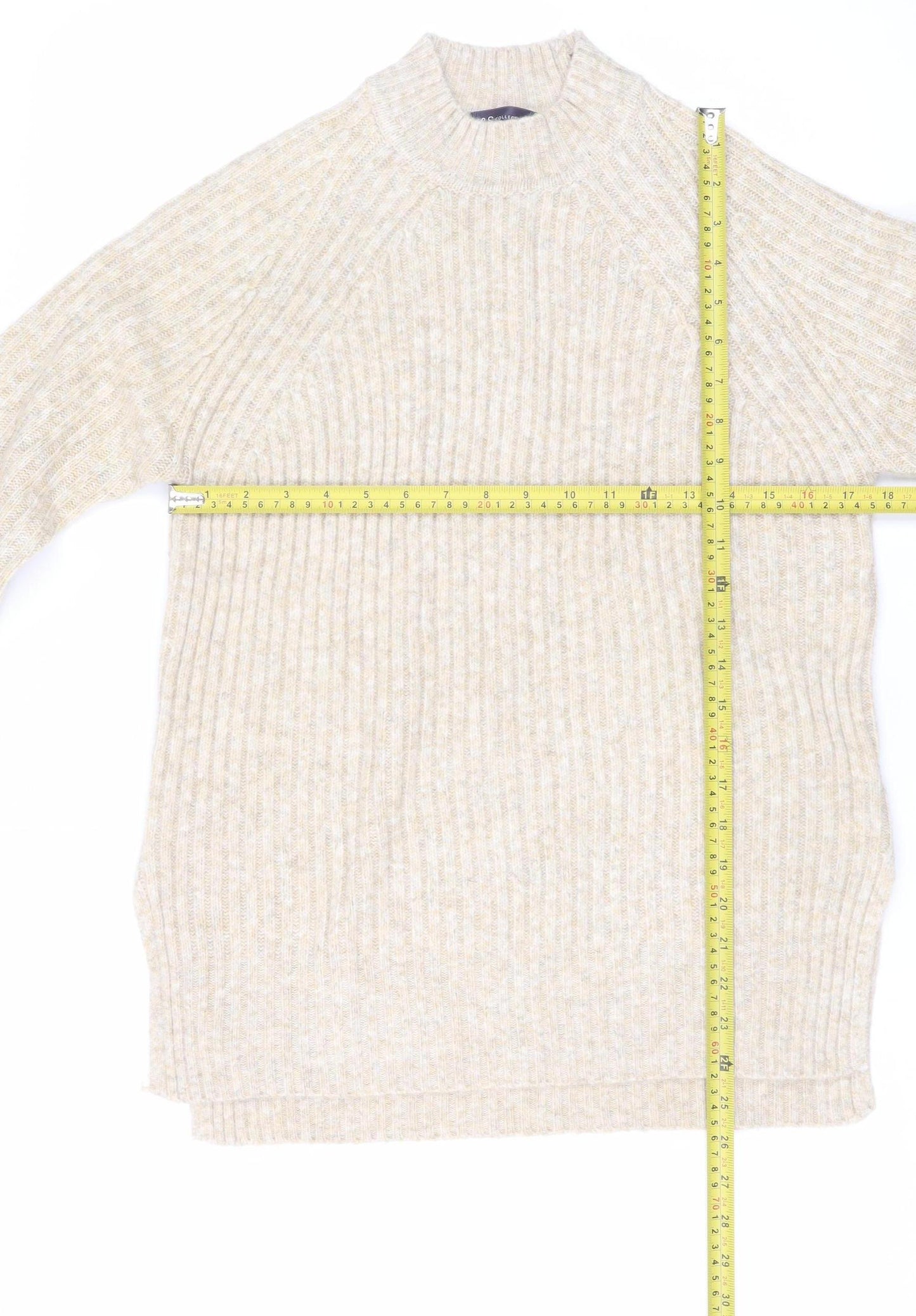 Marks and Spencer Women Beige Wool Blend Ribbed Mock Neck Jumper S