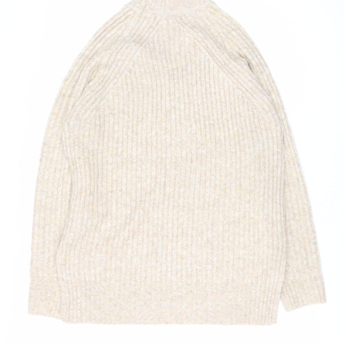 Marks and Spencer Women Beige Wool Blend Ribbed Mock Neck Jumper S