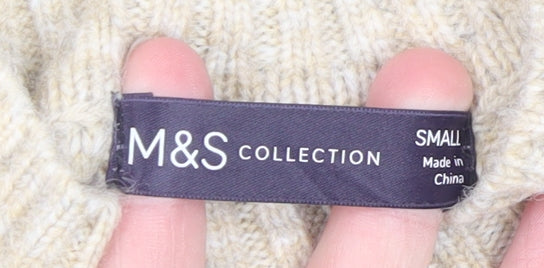 Marks and Spencer Women Beige Wool Blend Ribbed Mock Neck Jumper S
