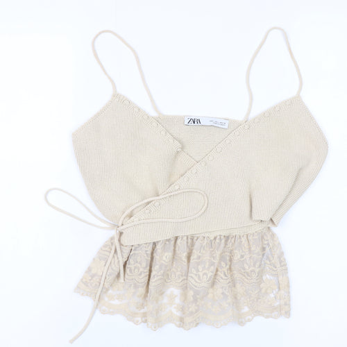 ZARA Women Beige Knit Wrap Lace Hem Camisole Top L