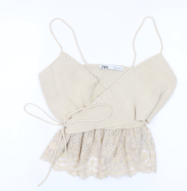 ZARA Women Beige Knit Wrap Lace Hem Camisole Top L