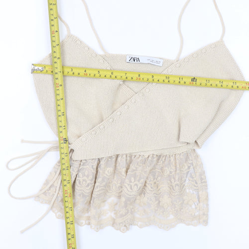 ZARA Women Beige Knit Wrap Lace Hem Camisole Top L