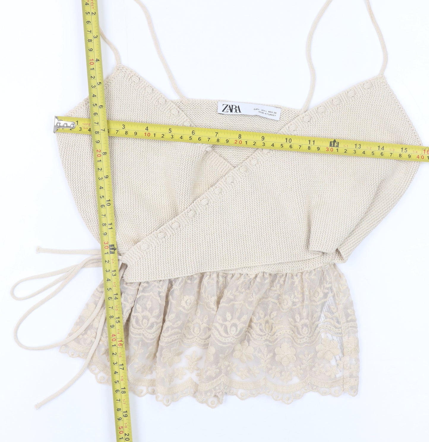 ZARA Women Beige Knit Wrap Lace Hem Camisole Top L