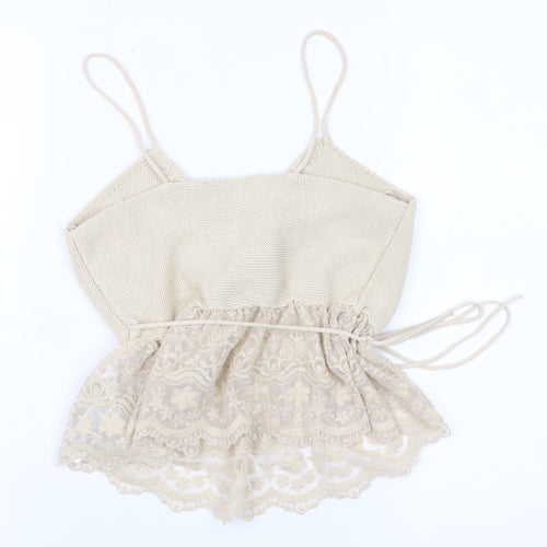 ZARA Women Beige Knit Wrap Lace Hem Camisole Top L