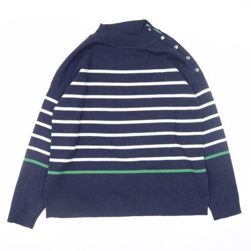 Damart Women Blue Striped Mock Neck Button Pullover Jumper Size 14/16