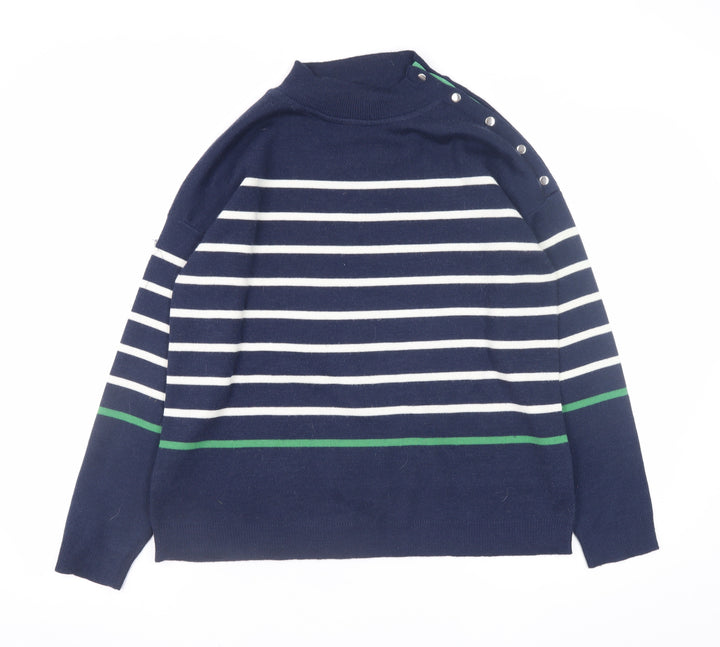 Damart Women Blue Striped Mock Neck Button Pullover Jumper Size 14/16